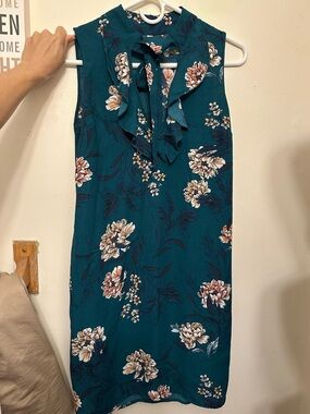 Xhilaration Teal Floral Ruffle Tie-Neck Midi Dress